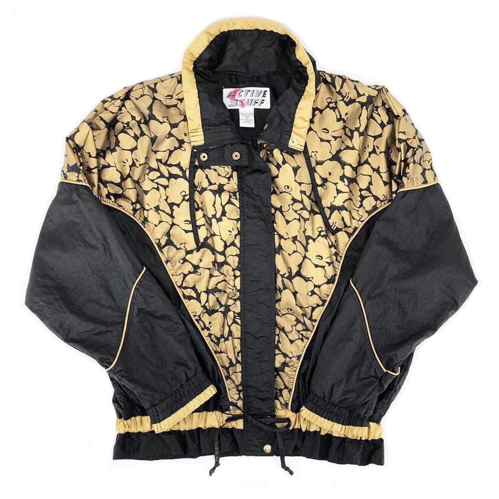 90s Vintage Nylon Windbreaker Black Metallic Gold Jacket 1990s